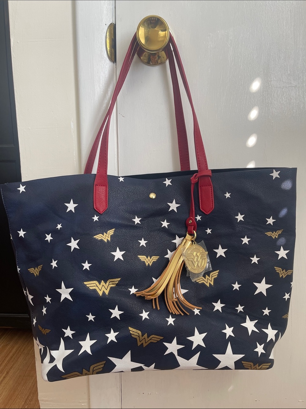 Bioworld Navy Star Print Tote with Red Handles and Gold Charm